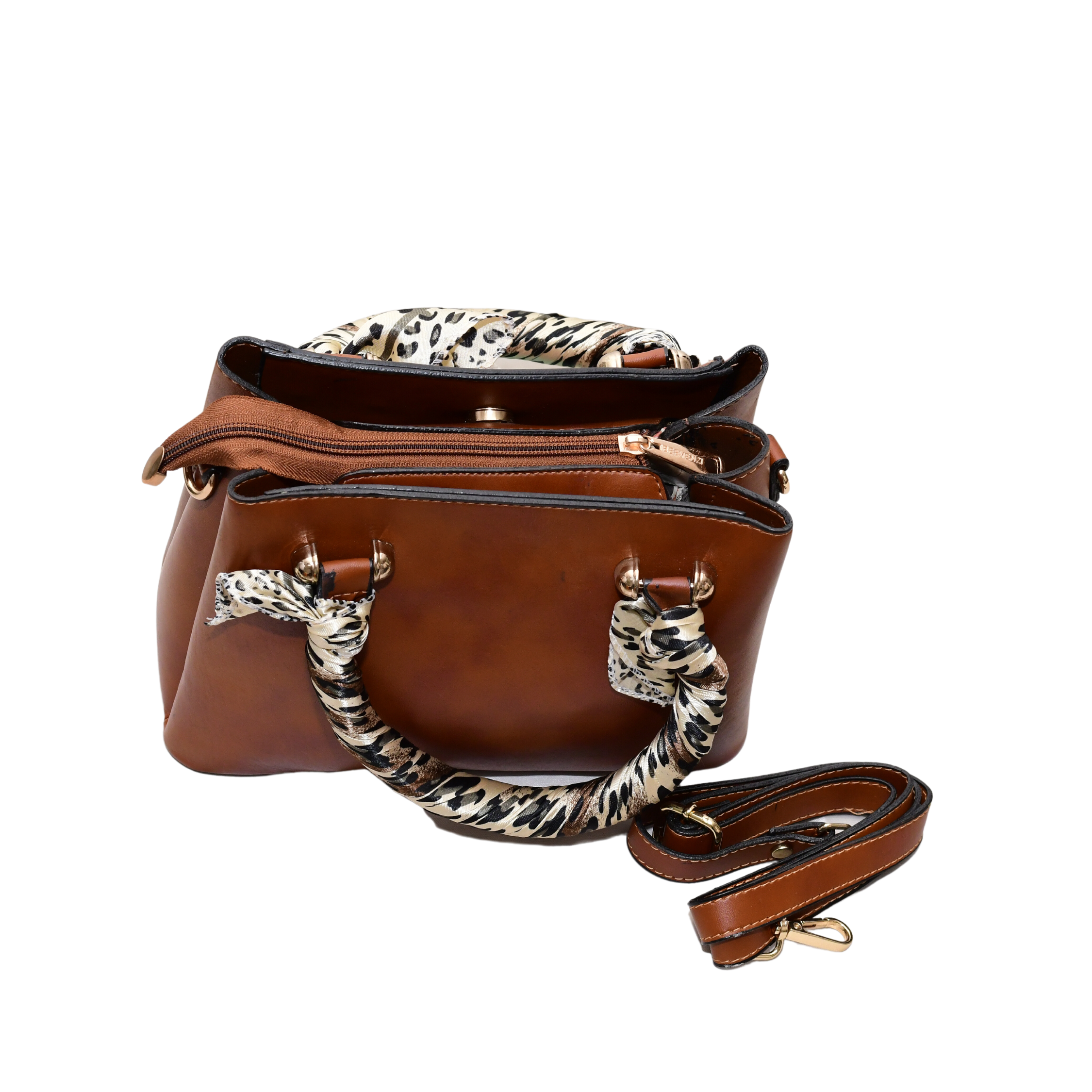 Luxury Women Handbag - Designer Luxury Women Handbag - Premium Faux leather , hand crafted tan brown with leopard print satin covered handle