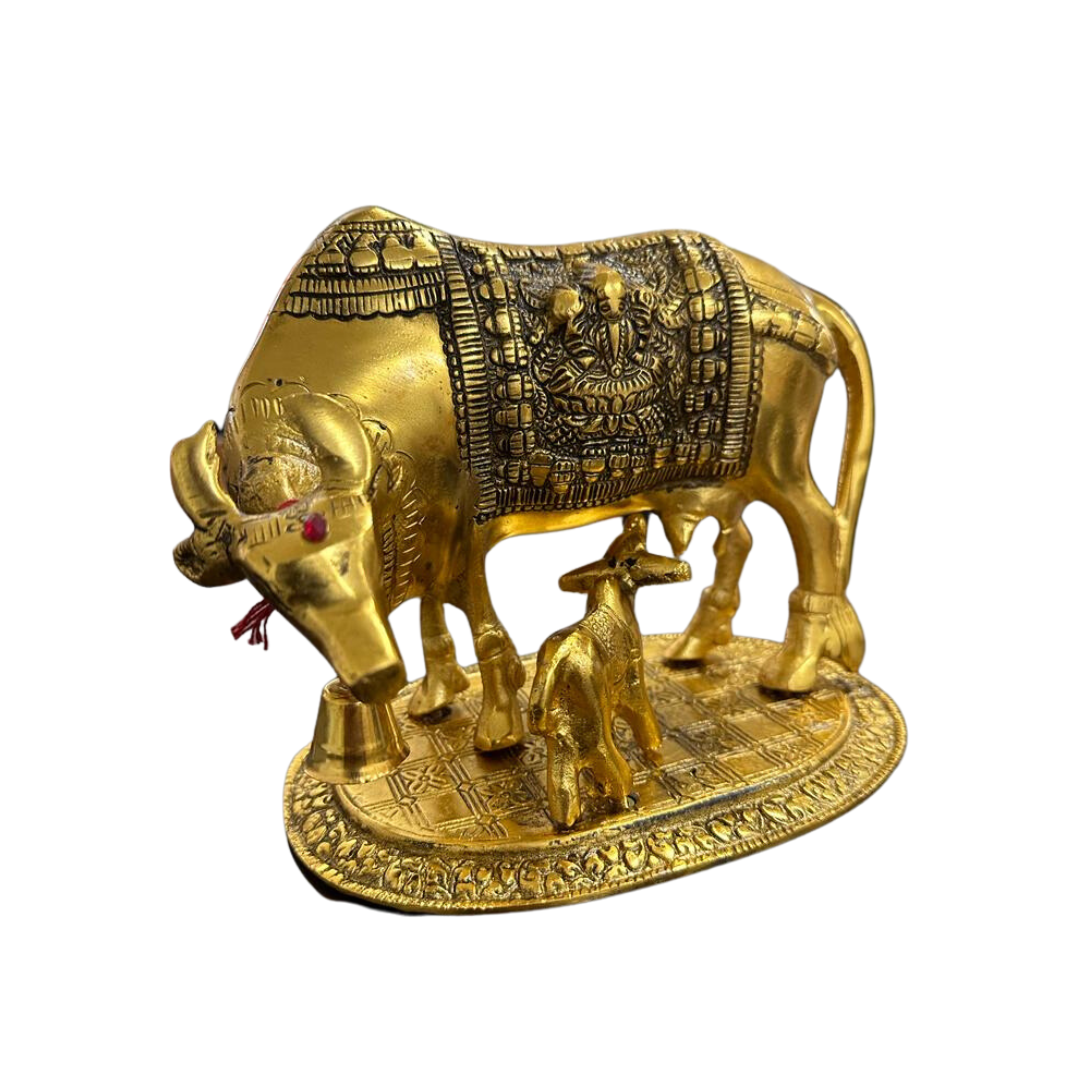 Big  Metal Golden Kamdhenu Cow With Calf Statue,Cow and Calf Idol