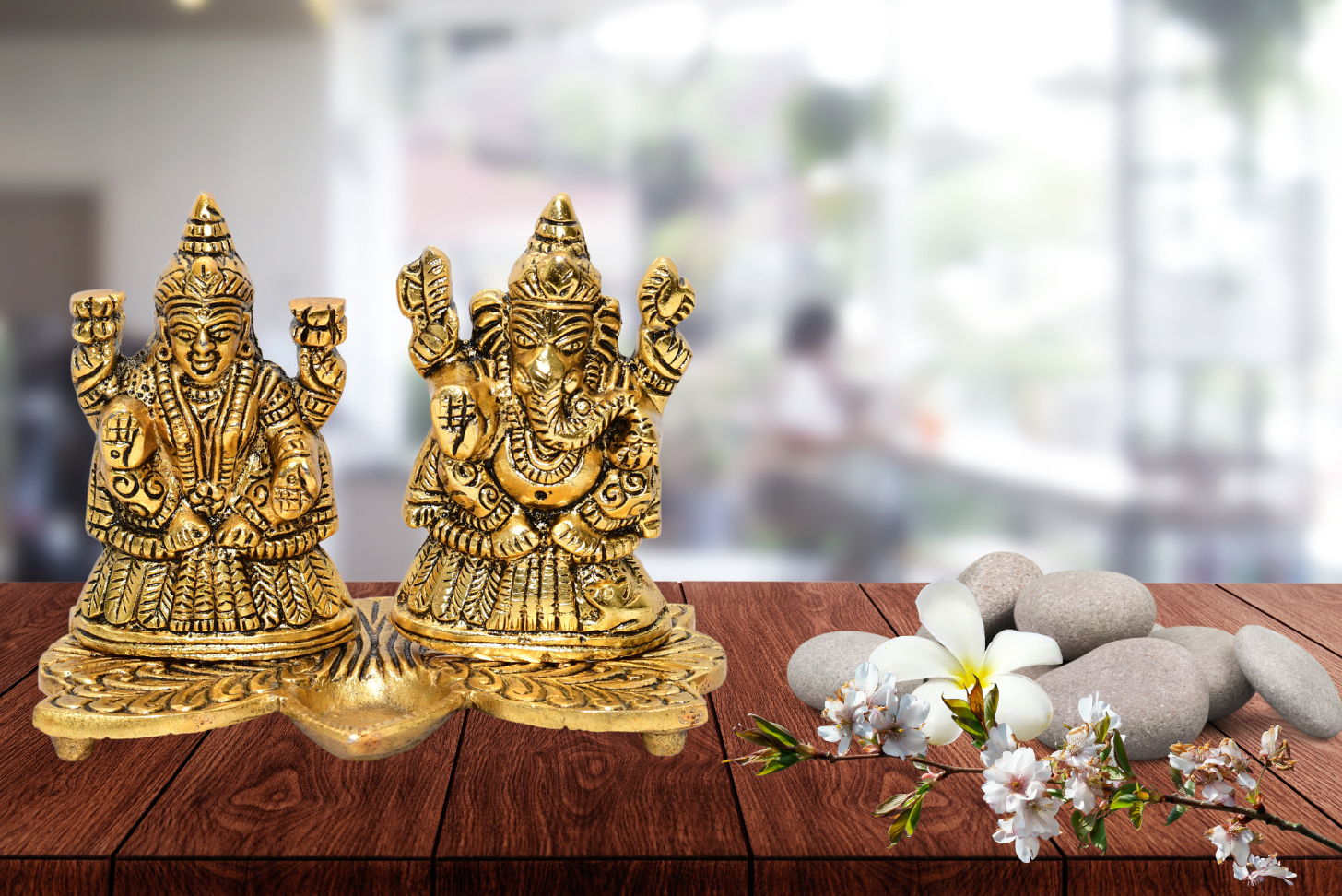 Lakshmi Ganesha with Diya Statue Idol Murti in Metal Decorative Showpiece