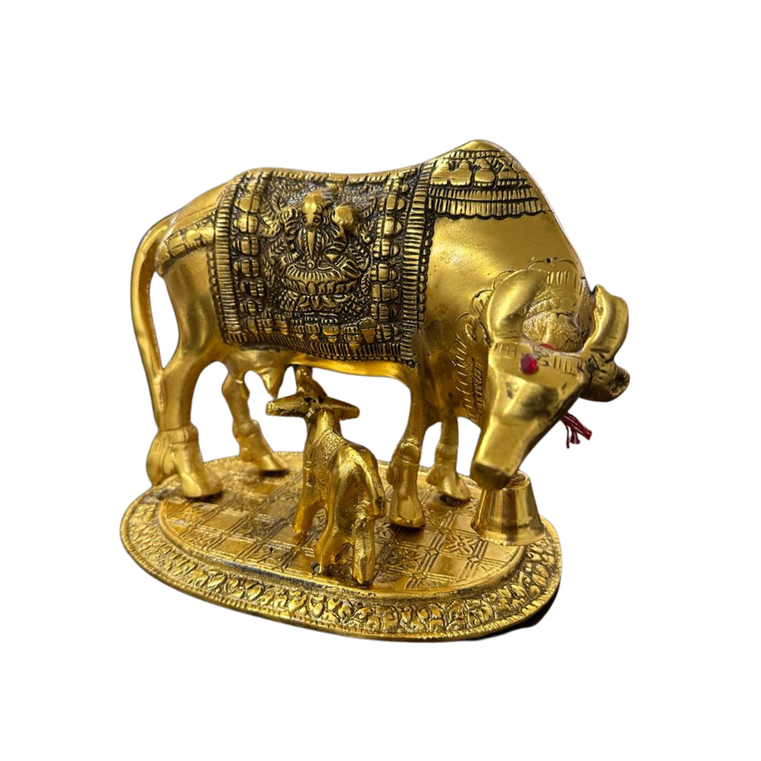 Big  Metal Golden Kamdhenu Cow With Calf Statue,Cow and Calf Idol