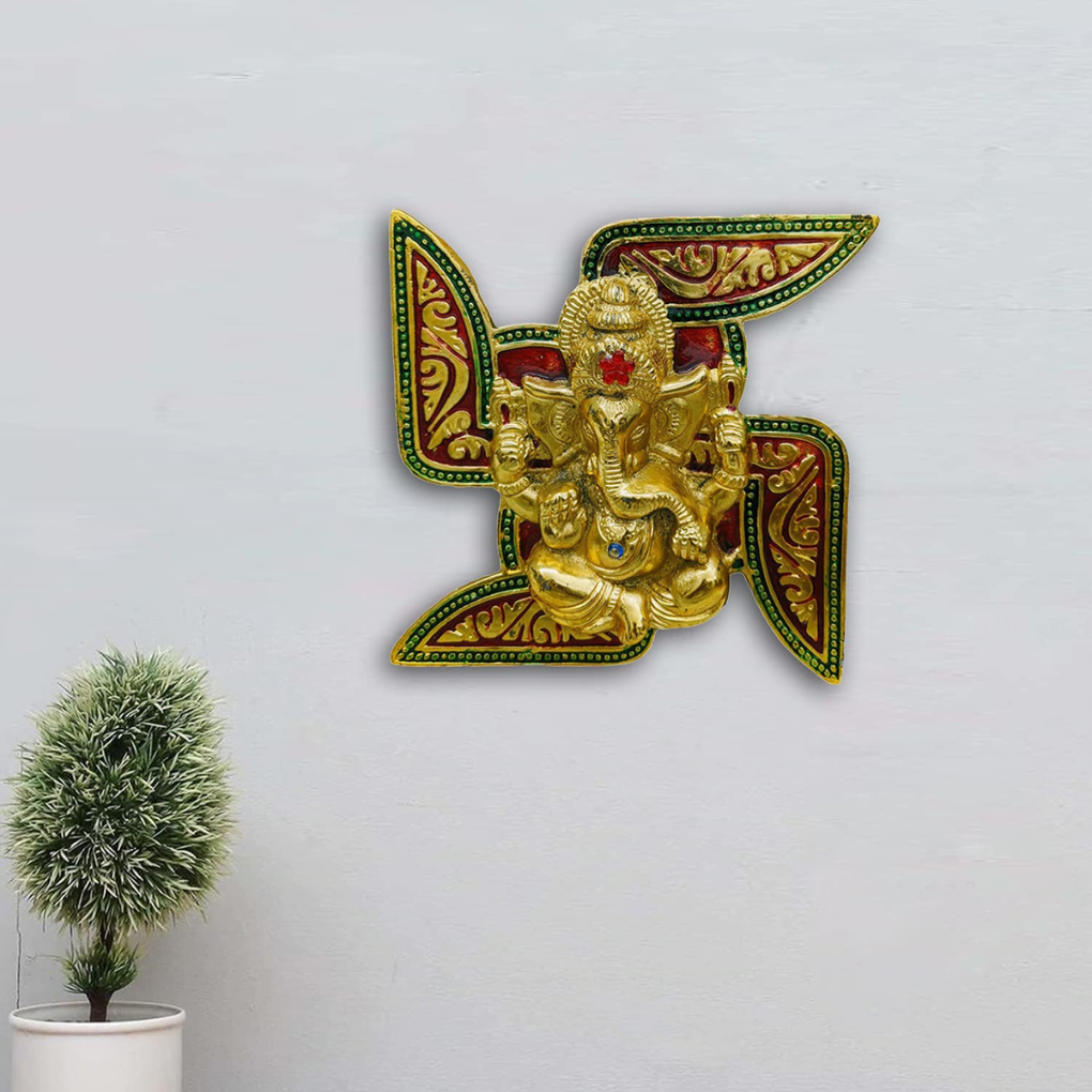 Handicraft Wall Hanging Ganesha Placed On Swastik Decorative Showpiece - 12 cm x 3cm x 12cm (Aluminium, Multicolor)
