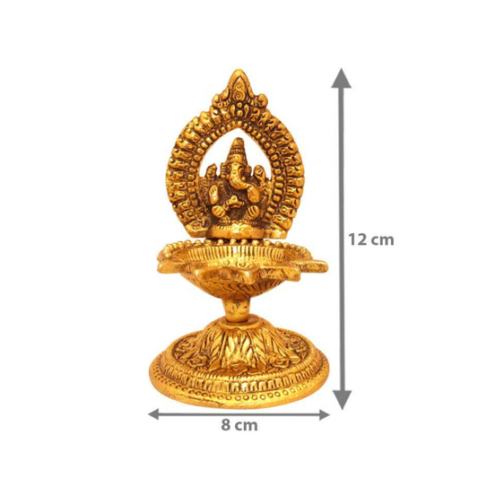 Oxidized White Metal Gold Plated Five Flames Ganesha Diya for Pooja, Decorative Diya for Home Temple, Pooja Article for Return Gift