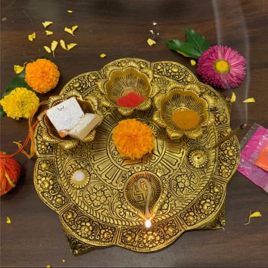 Metal Pooja Thali Plate Platter Engagement Plate Decorative Puja Thali with Essential Pooja Articles for Aarti Pooja Rituals Festival Wedding Decorations Gifting (Size- 8")