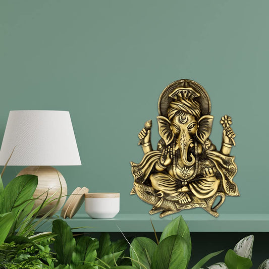 Metal Wall Hanging Lord Ganesh Statue for Home Décor Figurine Showpiece Idols, Brass Finish