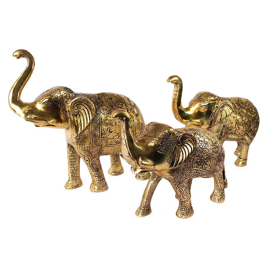 Metal Elephant Figurines (18 cm 15 cm x 13 cm, Golden, Pack of 3)