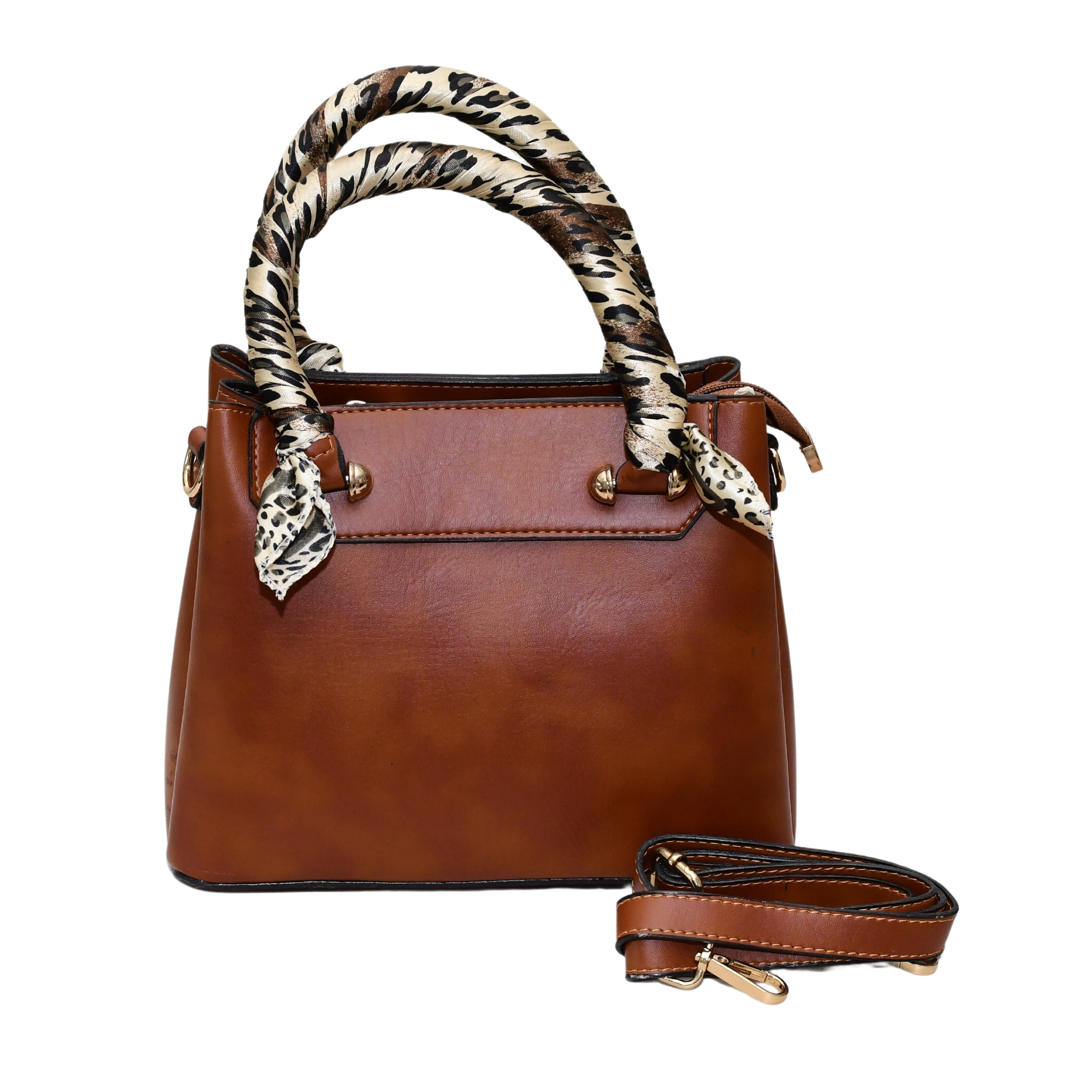 Luxury Women Handbag- Designer Luxury Women Handbag - Premium Faux leather , hand crafted tan brown with leopard print satin covered handle