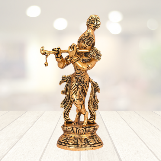 Lord Krishna Idol Statue Krishna Idols Gold Plated Brass Flute Playing Krishan Decorative Showpiece Figurine for Pooja Room & Gift